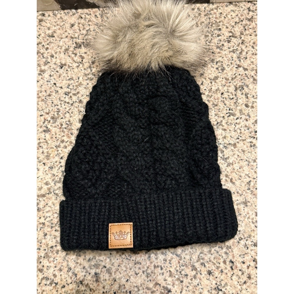 Panache Beanie Toque Womens One Size Black Cable Knit Acrylic Poly Lined Ski Pom